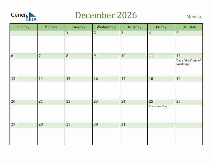 December 2026 Calendar with Mexico Holidays