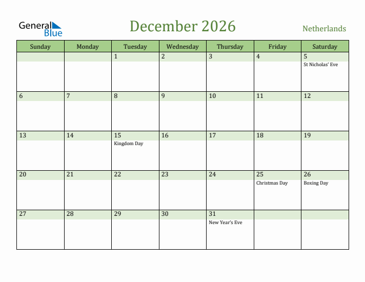 December 2026 Calendar with The Netherlands Holidays