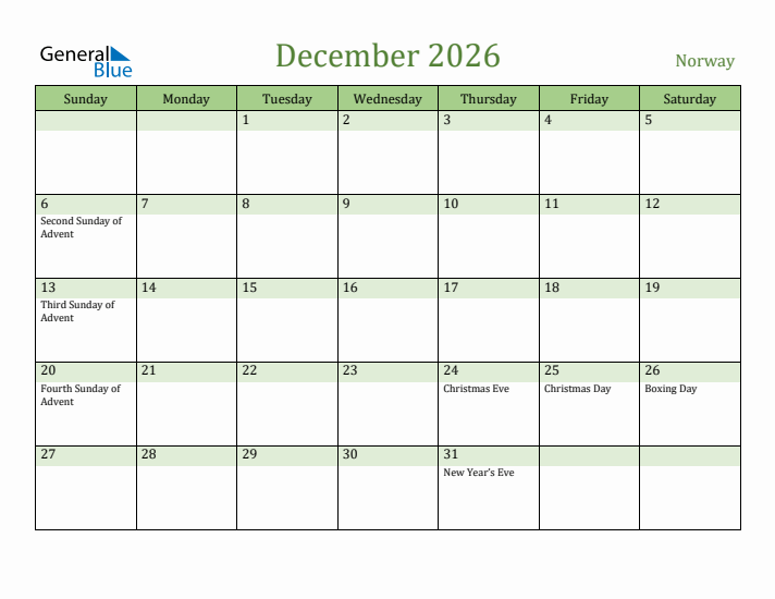 December 2026 Calendar with Norway Holidays