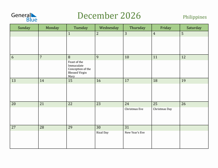 December 2026 Calendar with Philippines Holidays