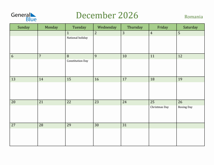 December 2026 Calendar with Romania Holidays