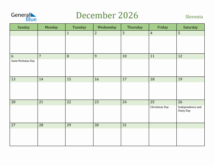 December 2026 Calendar with Slovenia Holidays