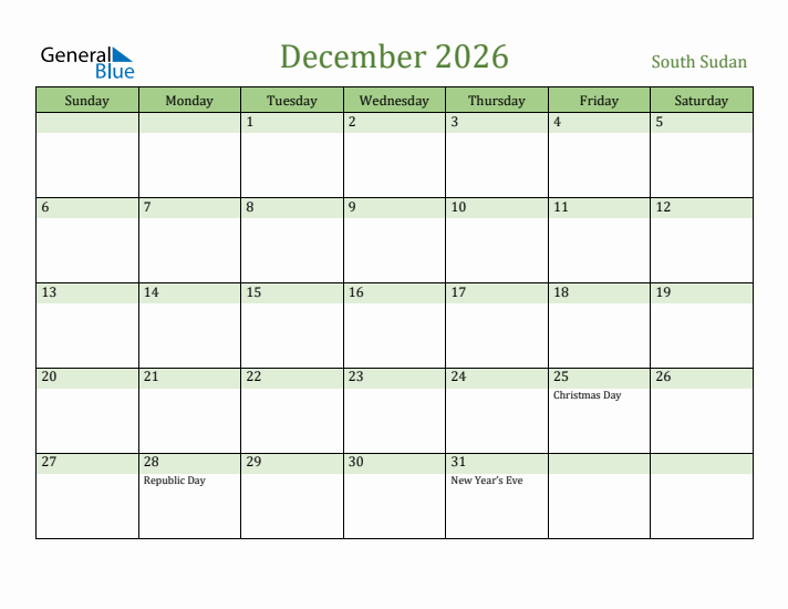 December 2026 Calendar with South Sudan Holidays