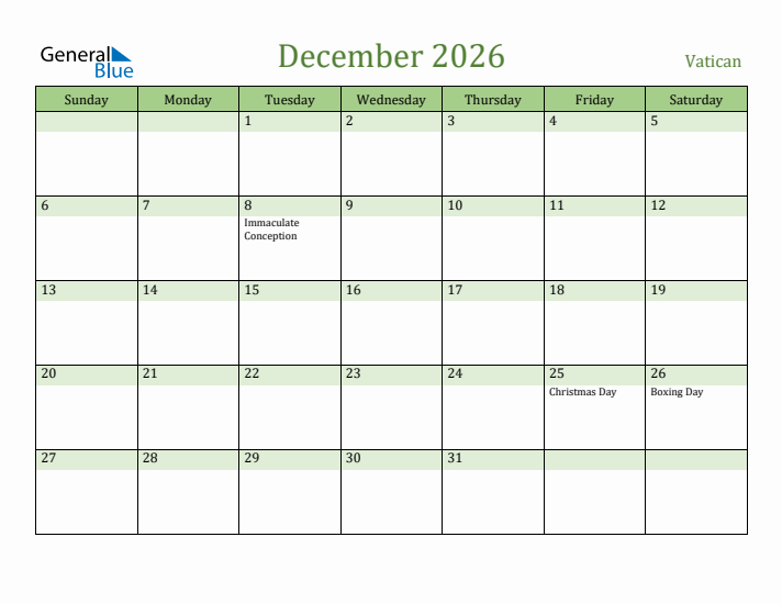 December 2026 Calendar with Vatican Holidays