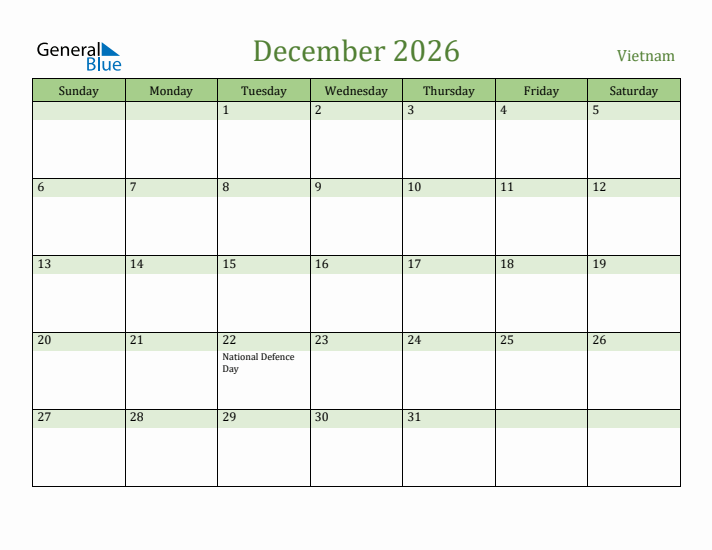 December 2026 Calendar with Vietnam Holidays