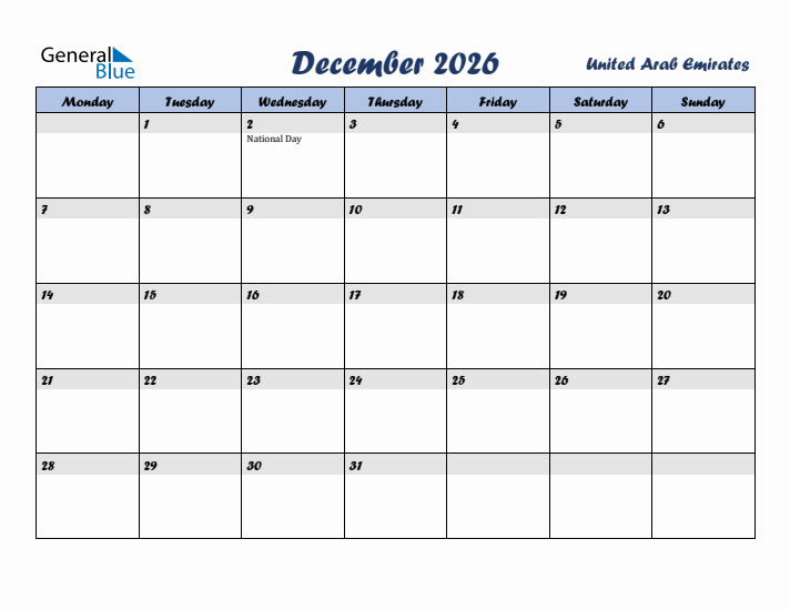 December 2026 Calendar with Holidays in United Arab Emirates