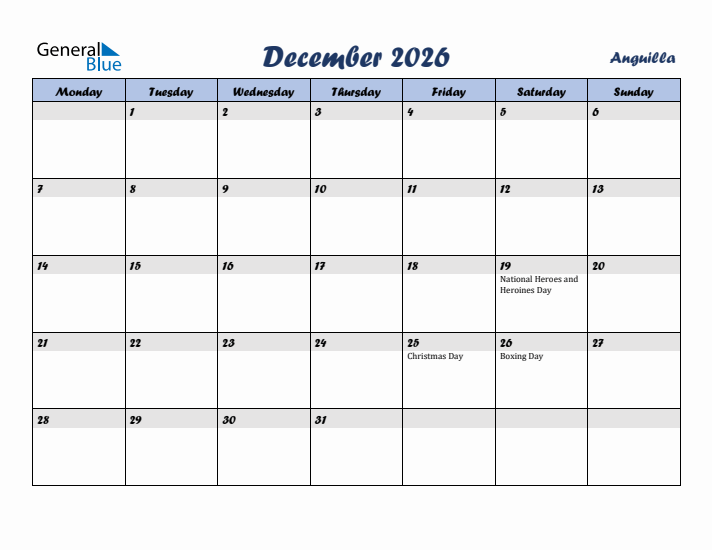 December 2026 Calendar with Holidays in Anguilla