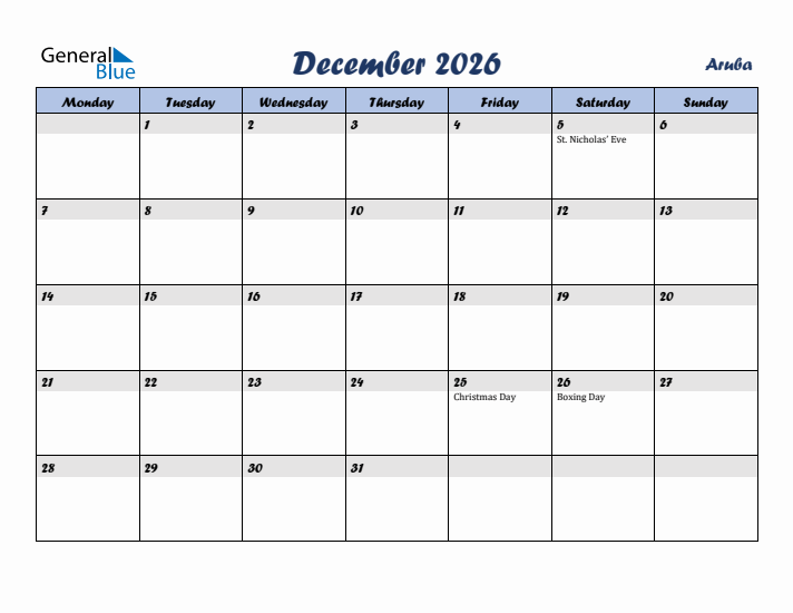 December 2026 Calendar with Holidays in Aruba