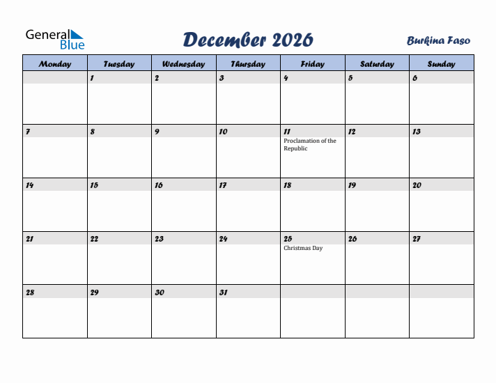 December 2026 Calendar with Holidays in Burkina Faso