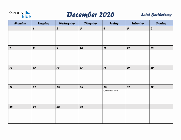 December 2026 Calendar with Holidays in Saint Barthelemy