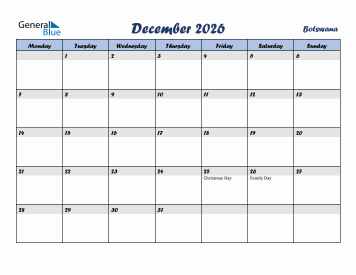 December 2026 Calendar with Holidays in Botswana