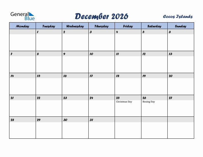 December 2026 Calendar with Holidays in Cocos Islands