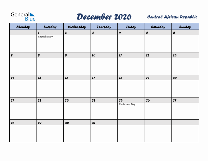 December 2026 Calendar with Holidays in Central African Republic
