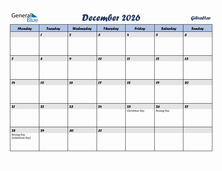 December 2026 Calendar with Holidays in Gibraltar