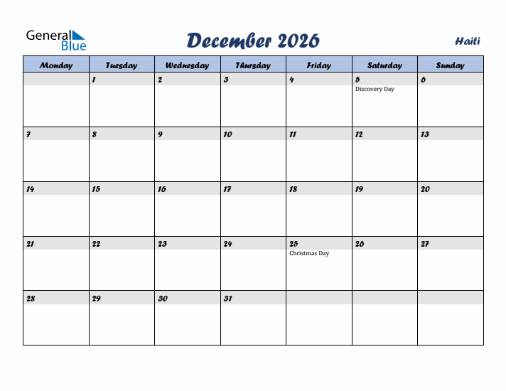 December 2026 Calendar with Holidays in Haiti