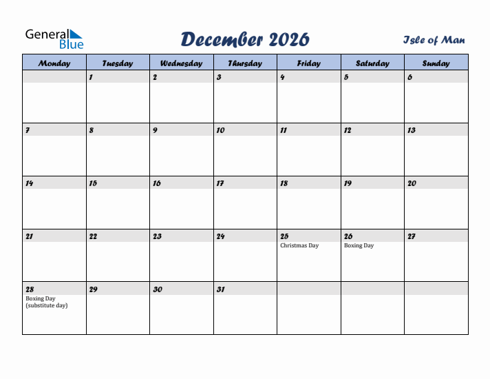 December 2026 Calendar with Holidays in Isle of Man
