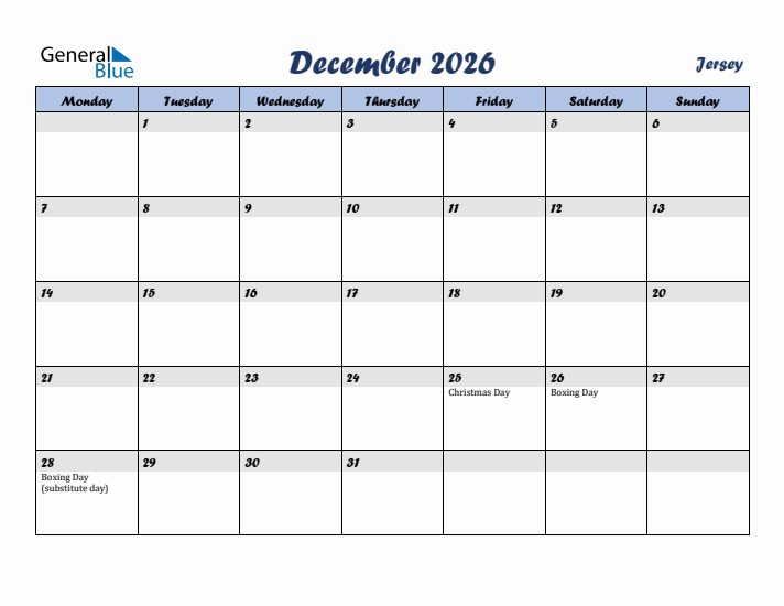December 2026 Calendar with Holidays in Jersey