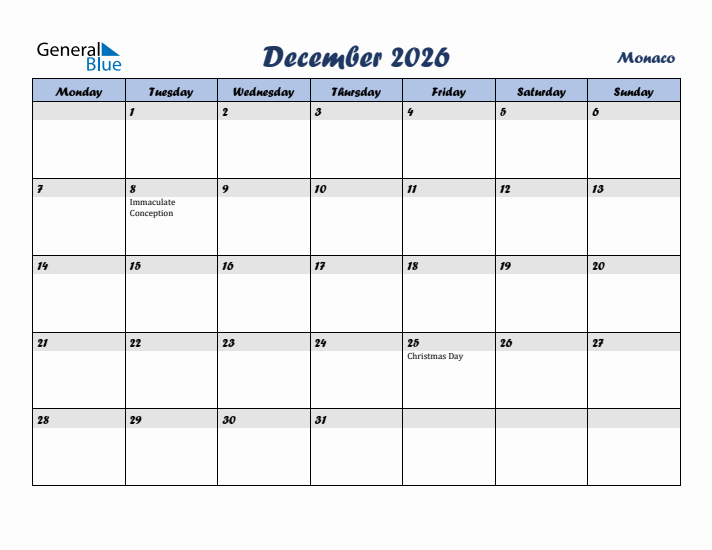 December 2026 Calendar with Holidays in Monaco
