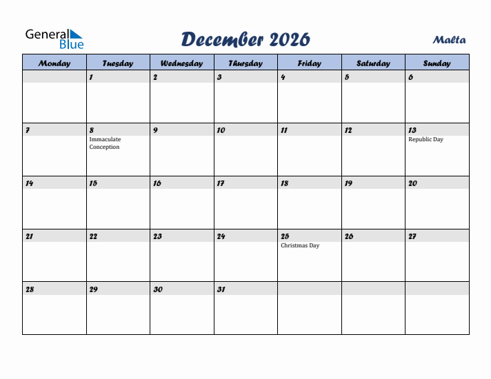 December 2026 Calendar with Holidays in Malta