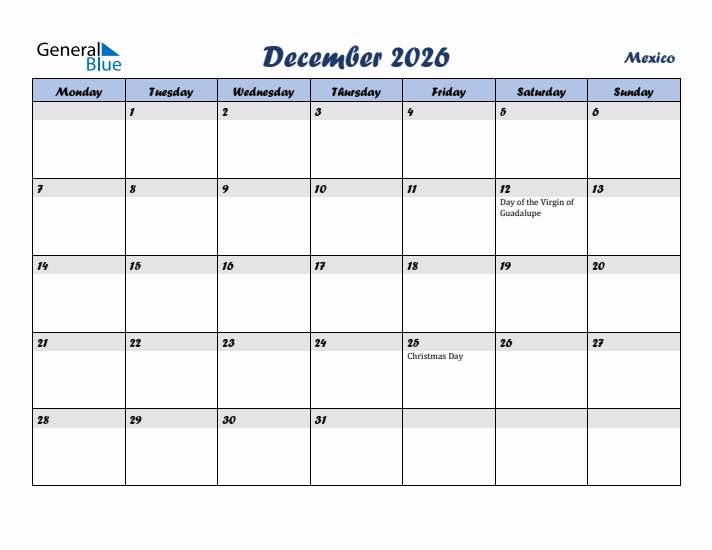 December 2026 Calendar with Holidays in Mexico