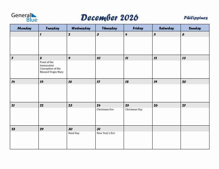 December 2026 Calendar with Holidays in Philippines