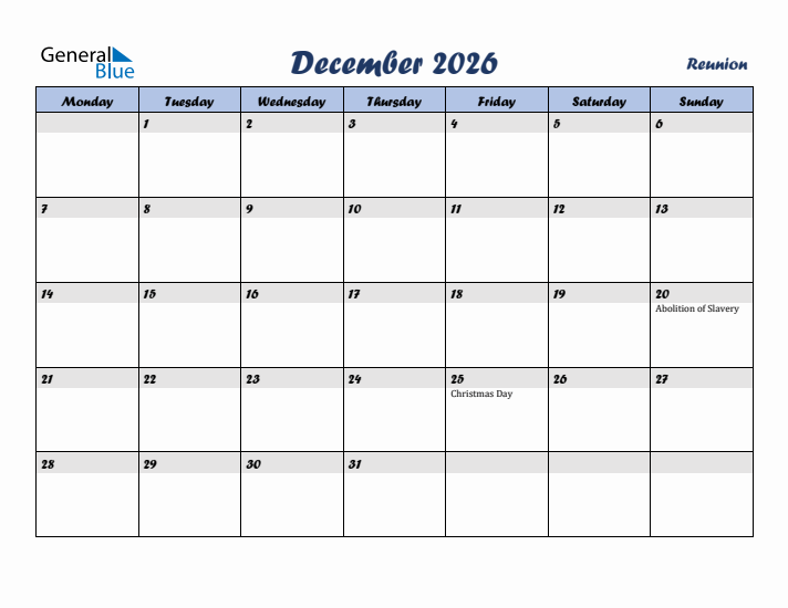 December 2026 Calendar with Holidays in Reunion