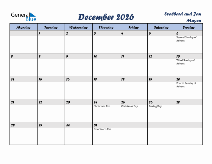 December 2026 Calendar with Holidays in Svalbard and Jan Mayen