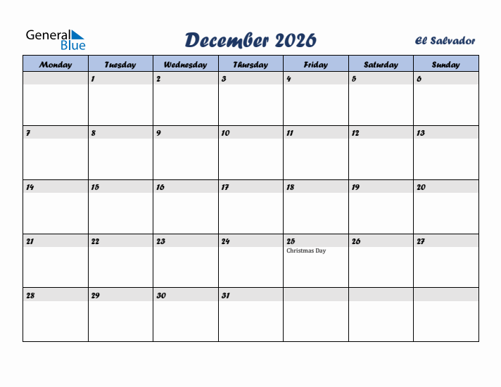 December 2026 Calendar with Holidays in El Salvador