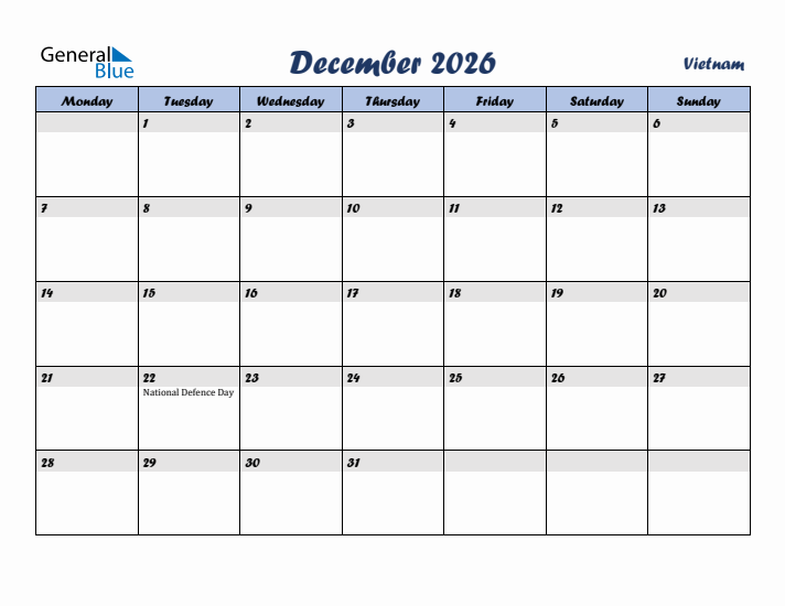 December 2026 Calendar with Holidays in Vietnam