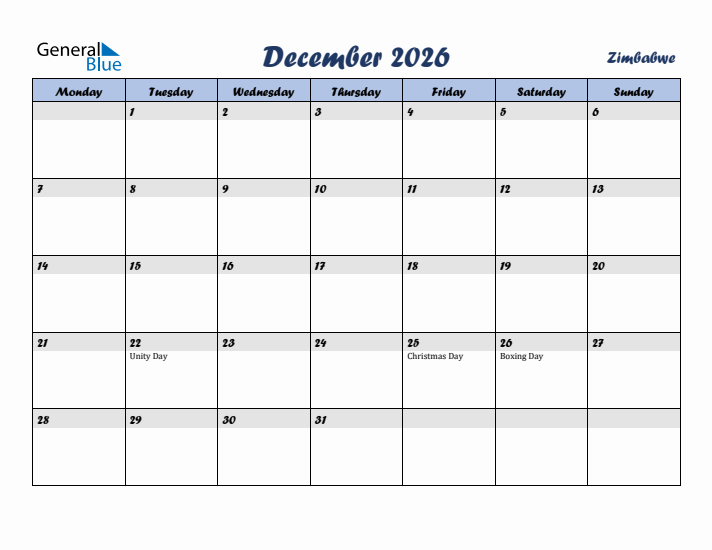 December 2026 Calendar with Holidays in Zimbabwe