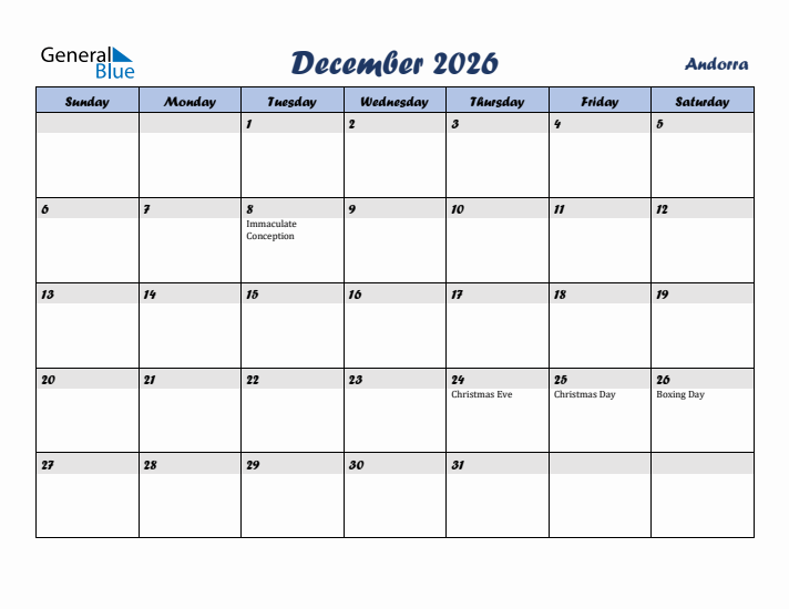 December 2026 Calendar with Holidays in Andorra