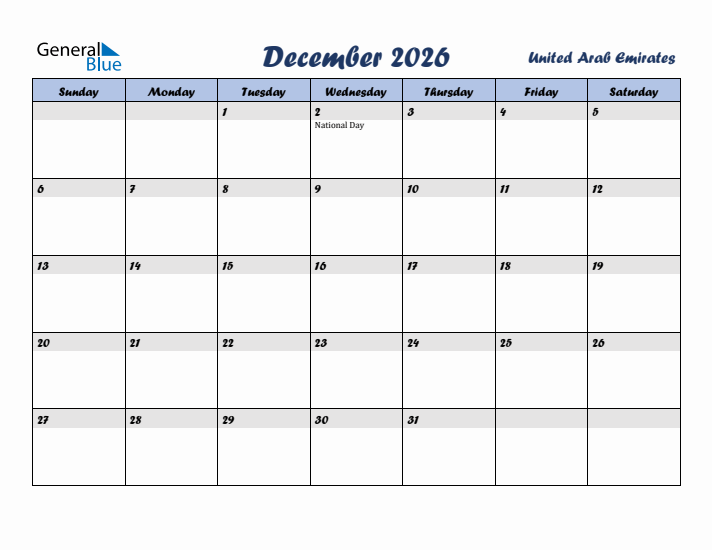 December 2026 Calendar with Holidays in United Arab Emirates