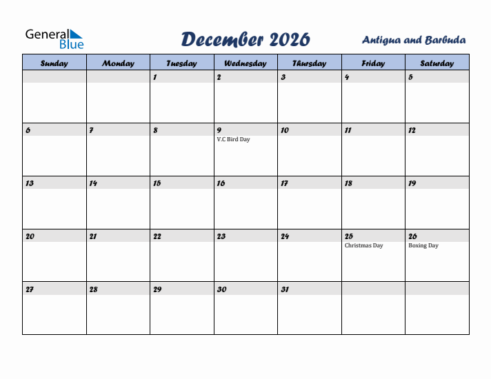 December 2026 Calendar with Holidays in Antigua and Barbuda