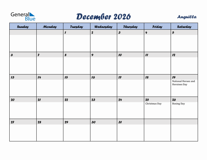 December 2026 Calendar with Holidays in Anguilla