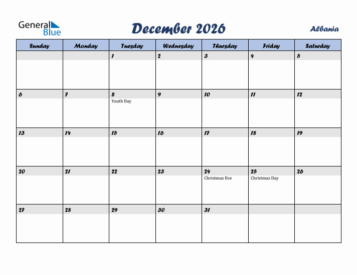 December 2026 Calendar with Holidays in Albania