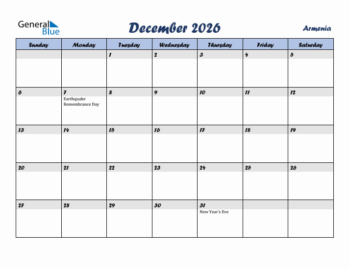 December 2026 Calendar with Holidays in Armenia