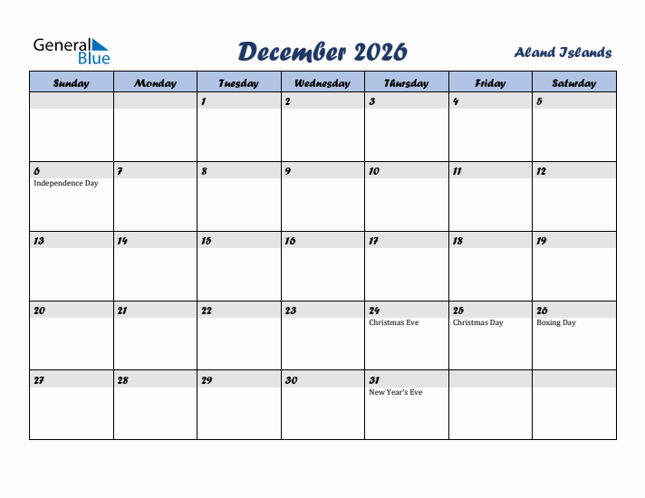 December 2026 Calendar with Holidays in Aland Islands