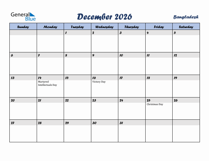 December 2026 Calendar with Holidays in Bangladesh