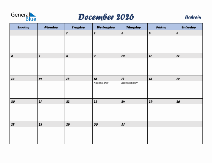 December 2026 Calendar with Holidays in Bahrain