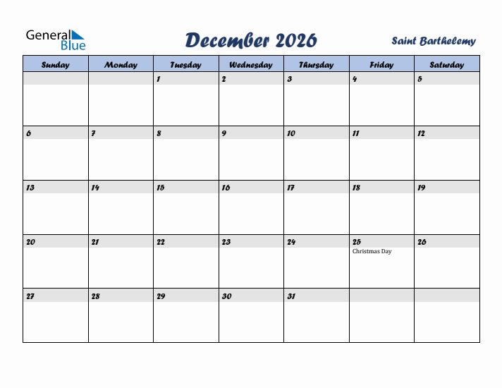 December 2026 Calendar with Holidays in Saint Barthelemy