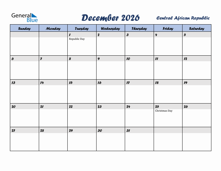 December 2026 Calendar with Holidays in Central African Republic