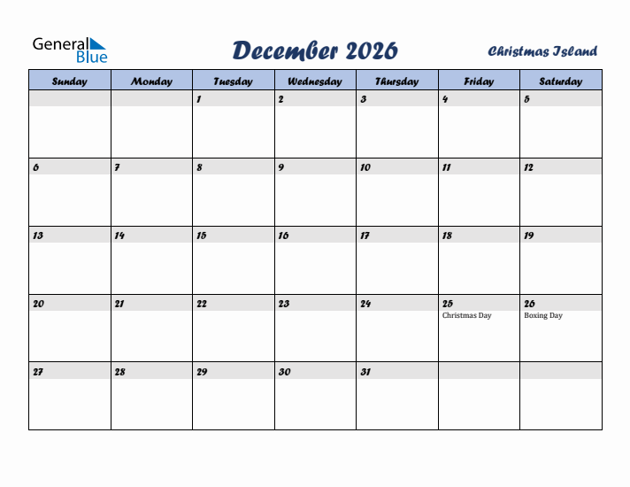 December 2026 Calendar with Holidays in Christmas Island