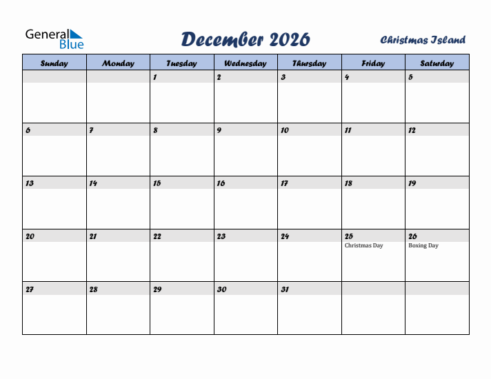 December 2026 Monthly Calendar with Christmas Island Holidays