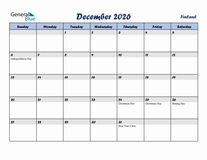 December 2026 Calendar with Holidays in Finland