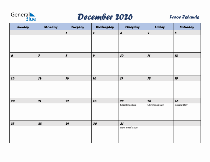 December 2026 Calendar with Holidays in Faroe Islands