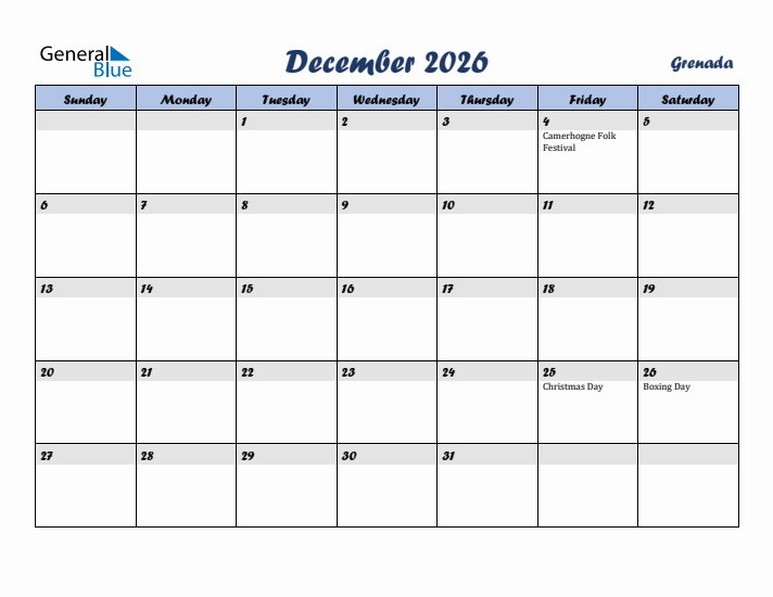 December 2026 Calendar with Holidays in Grenada