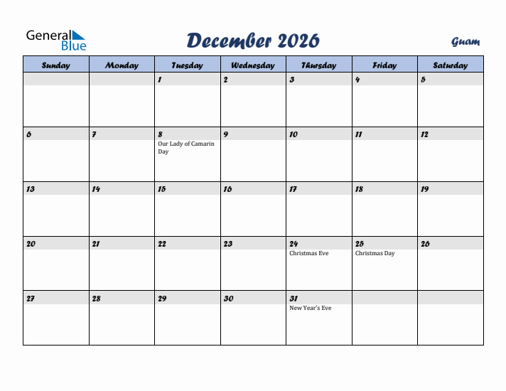 December 2026 Calendar with Holidays in Guam