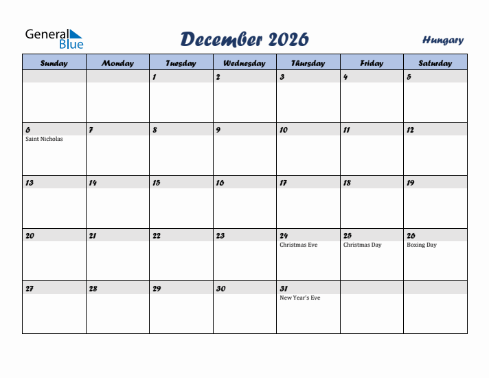 December 2026 Calendar with Holidays in Hungary