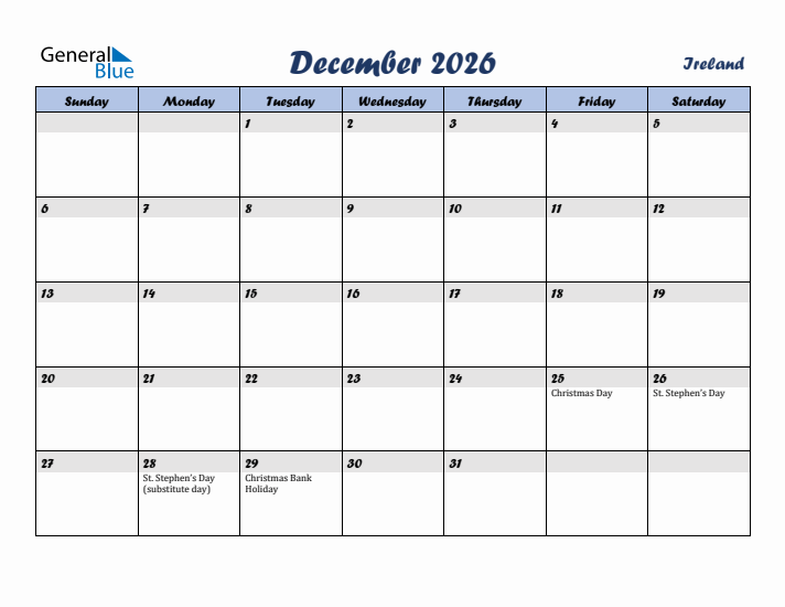 December 2026 Calendar with Holidays in Ireland