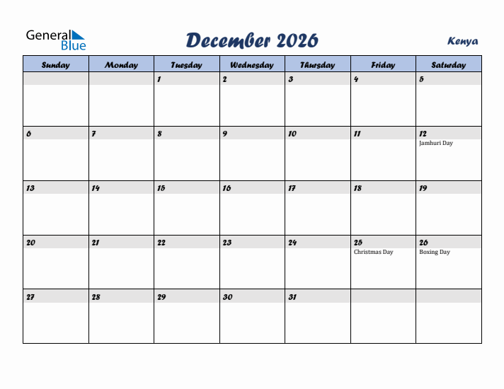 December 2026 Calendar with Holidays in Kenya